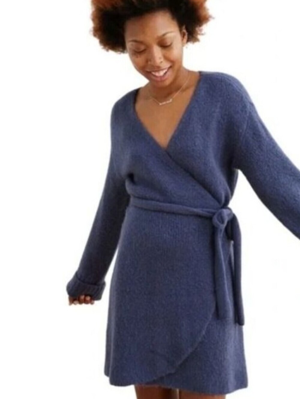 Aerie Alpaca Wool Fuzzy Cozy Blue Wrap Belted Sweater Dress Size Small